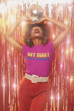 "Get ready to boogie with our \"Get Funky\" retro disco and funk-inspired t-shirt. That's right, this shirt was inspired by the funky and flashy fashion of the 70's Disco and Funk era.  The shirt features a bold rainbow text graphic of the words \"Get Funky\" and makes you feel like you just stepped out of a classic Disco or Funk song by the Bee Gees or Kool & The Gang. Made with soft and comfortable material, it's perfect for showing off your love for the vintage and funky vibes of the 70s on a Detroit Techno, Patti Hansen, 70s T Shirts, 70s Party, Lauren Hutton, Disco Era, 70s Disco, Dancing Queen, Disco Party