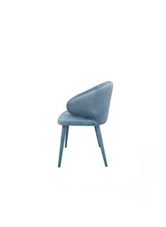 an upholstered blue chair with wooden legs and a curved back, on a white background