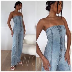 Strapless Jumpsuit With Straight Neckline. Front Metal Button Closure. Chiffon Romper, Sleeveless Blazer, Polka Dot Jumpsuit, Jumpsuit Blue, Satin Jumpsuit, Belted Romper, Lace Trim Shorts, Long Sleeve And Shorts, Linen Jumpsuit