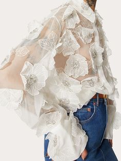 Blouse Flower Design, Demure Fashion, Cutwork Top, Applique Blouse, Flower Lapel, Formal Tops, White Floral Top, Stylish Scarves, Sleeves Ideas