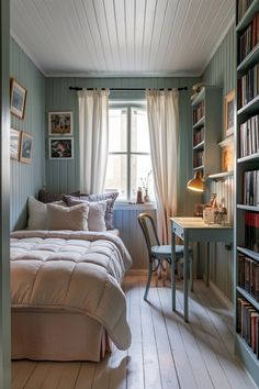 a bed sitting in a bedroom next to a desk and bookshelf filled with books