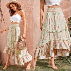 97% Cotton, 3% Spandex Floral Print Ruffle Hem Skirt Ruffle Skirts, Long Flowy Skirt, Ruffle Hem Skirt, Tiered Midi Skirt, Dream Style, Pink Pastel, Hem Skirt, Flowy Skirt, Cottage Core