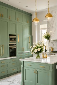 25 Sage Green-Themed Kitchen Ideas for 2024 – The Crafty Hacks Mint And Gold Kitchen, Sage Green Kitchen Aesthetic, Resurface Cabinets, Green And Gold Kitchen, Tropical Farmhouse, Green Kitchen Aesthetic, Sage Kitchen, Green Kitchen Decor, Sage Green Kitchen