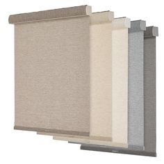 four different shades of blinds in various colors and sizes, each with a single roller shade