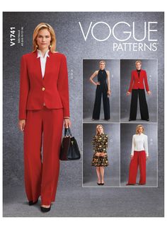 "Vogue Pattern V1741 Semi-fitted lined jacket with all-in-one notched collar has front button closure and elbow darts in sleeves. Close-fitting top and dress have notch detail at neckline and back zipper. Loose-fitting pants are slightly flared and have back zipper. Jumpsuit has close-fitting lined bodice with hook and eye closure on collar and back zipper. FABRICS: Unsuitable for obvious diagonals. *With Nap. **Without Nap. Crepe, Ponte Knit, Crepe Back Satin. Interfacing: Nylon Fusible Interfa Jumpsuit Pattern Sewing, Women's Sewing Pattern, Loose Fitting Pants, Vogue Sewing, Vogue Sewing Patterns, Vogue Pattern, Jumpsuit Pattern, Vogue Patterns, Petite Jacket