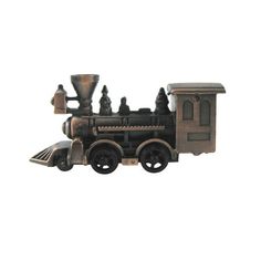 a toy train is shown on a white background and has black wheels, with an old fashioned locomotive in the front