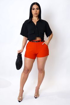 Magnolia Collection: My Classy Style Shorts - Orange-Red Front of shorts have right and left pocket. Back of shorts has right and left decorative pocket. Does come with black narrow belt. 92% Polyester  8% Spandex This item has extra stretch LuxurieMarie.com Classy Outfits Short Women, Orange And Black Outfits For Women, Summer High Waist Biker Shorts With Pockets, High-waisted Biker Shorts With Pockets For Summer, High Waist Biker Shorts With Pockets For Summer, Summer Biker Shorts With Pockets, Fitted Biker Shorts With Pockets For Summer, Red Shorts Outfits Women, Short Naranja Outfit