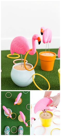 pink flamingos are sitting in bowls on the ground and one is pouring sand into a bowl