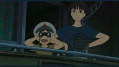 two anime characters looking through binoculars at something