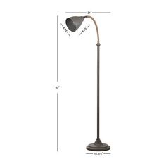 the floor lamp is shown with measurements for the base and arm, as well as an angle