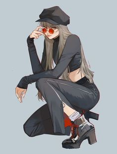 a drawing of a woman with long hair and red glasses sitting on the ground wearing black pants