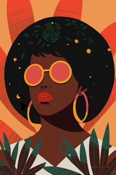 an illustration of a woman with large hoop earrings and big round sunglasses on her head