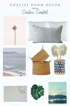 coastal bedroom decor with palm tree and ocean in the background, text overlay reads coastal dorm decor