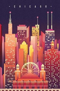 the chicago skyline is shown in this retro style poster