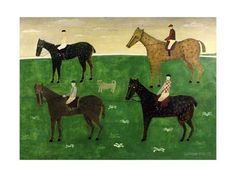 four horses and jockeys are standing in a green field with white writing on it