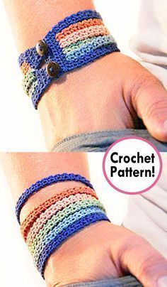 two different bracelets with buttons on each one and the words crochet pattern below