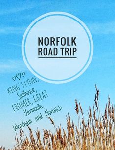 the words norfolk road trip are written in black on a blue sky background with tall grass