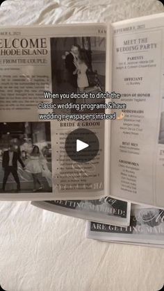 an open wedding program on a bed with white sheets and black and white photos in the pages