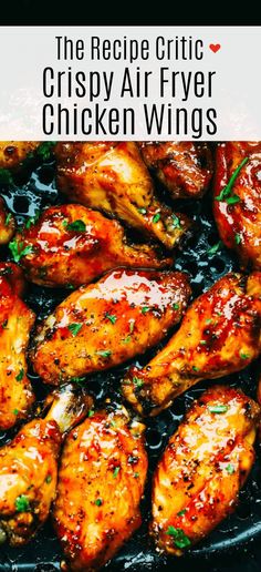 the recipe for crispy air fryer chicken wings is shown in a skillet