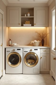 Elegant laundry room with champagne textured wallpaper and gold-accented appliances Laundry Room With Gold Accents, Champagne Washer And Dryer Laundry Room, Tan Laundry Room, Tiny Laundry Room Ideas, Laundry Room Bathroom Combo, Wallpaper Top, Laundry Room Colors, Waterproof Wallpaper, Laundry Room Wallpaper