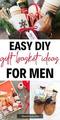 christmas gifts for men with text overlay that says easy diy gift basket ideas for men