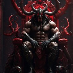 a man sitting on top of a red throne with horns and demon like headdress