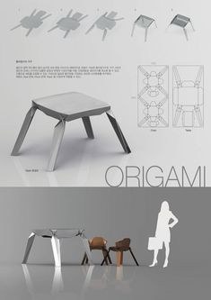 an advertisement for the origami furniture line, featuring two different tables and chairs