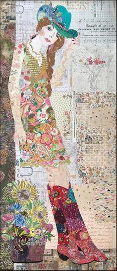 an altered collage of a woman wearing a hat and dress with flowers on it