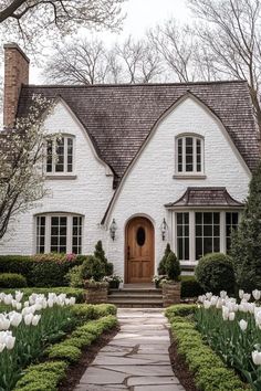 Stone House Cottage, Small Window Exterior, Tudor Homes Exterior Before And After, Craftsman House Front Yard, Three Gable House, European Stone Cottage, English Country House Exterior Modern, Lake Cottage Front Door, Shaker Cottage Exterior