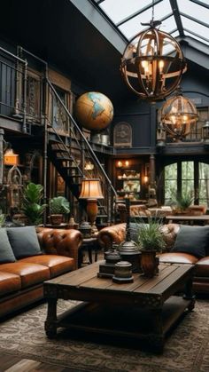 a living room filled with lots of furniture and a large glass ceiling over the couches