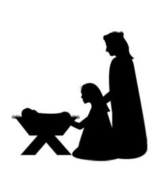 the silhouette of a manger scene with a baby jesus in a manger, and a woman kneeling down next to him