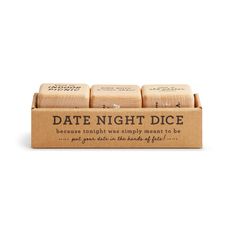 date night dices in a box on a white background with the words date night dice