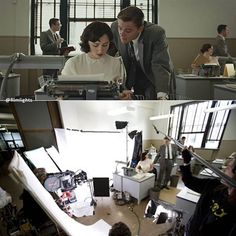 two pictures of people working in an office