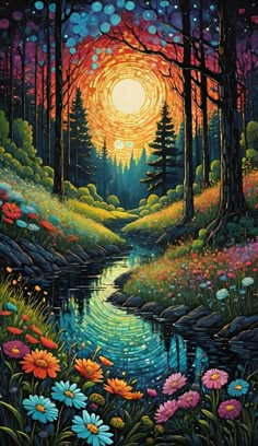 a painting of a forest with flowers and trees in the foreground, at sunset