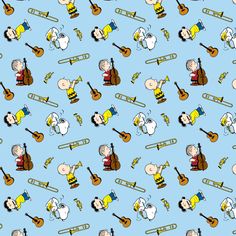 peanuts playing instruments and singing on a blue background