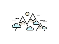 mountains and clouds with the sun in the sky above them on a white background illustration