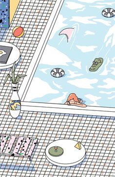 an illustration of a pool with people swimming in it and other objects around the pool