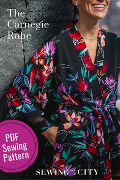 The Carnegie robe sewing pattern is a luxurious Kimono style robe with a relaxed fit that comes in 2 lengths: the dressing gown length hems to mid-thigh and the lounge length hems to the knee. A perfect robe sewing pattern to make for yourself - or as a gift! Silk Robe Pattern Sewing, Plus Size Robe Pattern, House Robe Pattern, Robe Pattern Free Sewing, Diy Robe Pattern, Dressing Gown Sewing Pattern, Diy Kimono Pattern, Kimono Robe Sewing Pattern, Kimono Robes Pattern