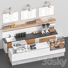 an image of a restaurant counter with food items on the counter and menus hanging above it