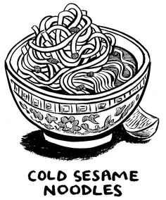 a black and white drawing of a bowl of noodles with the words cold sesame noodles