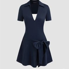 Navy Blue Mini Dress Very Much Challengers Core Blue V-neck Mini Dress With Tie Waist, Chic Navy V-neck Mini Dress, Summer V-neck Mini Dress With Bow, Fitted Navy V-neck Mini Dress, Navy Fitted V-neck Mini Dress, Navy Fitted Mini Dress With V-neck, Chic Navy V-neck Dress, Spring V-neck Mini Dress With Bow, Navy V-neck Mini Dress For Spring