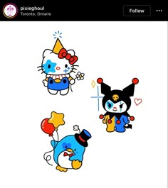 three cartoon cats with clown hats and balloons