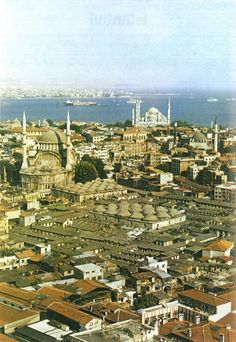 an aerial view of a city with buildings and the ocean in the background, taken from above