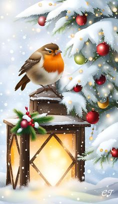 a bird perched on top of a lantern in the snow with christmas decorations around it