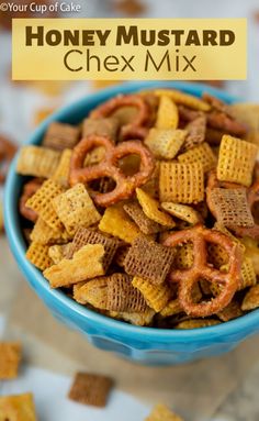 honey mustard chex mix in a blue bowl with the title overlay reads, honey mustard chex mix