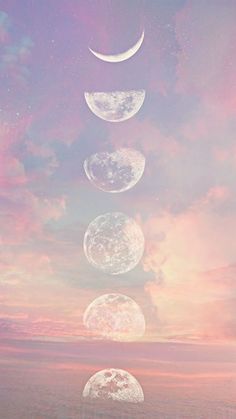 five phases of the moon in front of a cloudy sky with pink and blue clouds