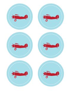 four red and blue stickers with airplanes on them