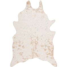 a white and beige cowhide rug with spots on it's back end, in the shape of a leaf