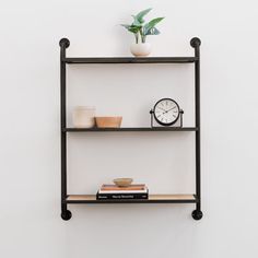 a shelf with two shelves holding books and a clock next to a potted plant