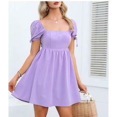 Exlura Womens Square Neck Babydoll Dress Backless High Waist Tie Back Short Puff Sleeve Summer Mini Dress Sundress New With Tags Size Medium Lilac Purple 95% Polyester, 5% Spandex Adorable Comfortable, Breathable, Quick Dry, Skin-Friendly, Durable, Lined, Soft Touch Dress This Cute Dress Is Backless, Has A Square Neck, Tie Back, Bowknot, Tie Knot Cuff, High Waist, A-Line Silhouette, Short Puff Sleeve, Mini Length, Solid Color, Cut Out, Baby Doll Dress. The Color May Vary Due To Lighting On My De Purple Baby Doll Dress, Purple Puff Sleeve Mini Dress For Brunch, Cute Summer Mini Dress, Lavender Dress Aesthetic, Light Purple Dress Short, Lavender Dress Casual, Short Lavender Dress, Pale Purple Dress, Baby Purple Dress